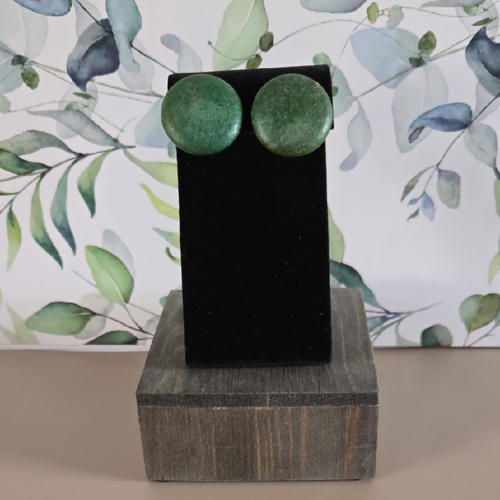 Green Wood Round Earrings